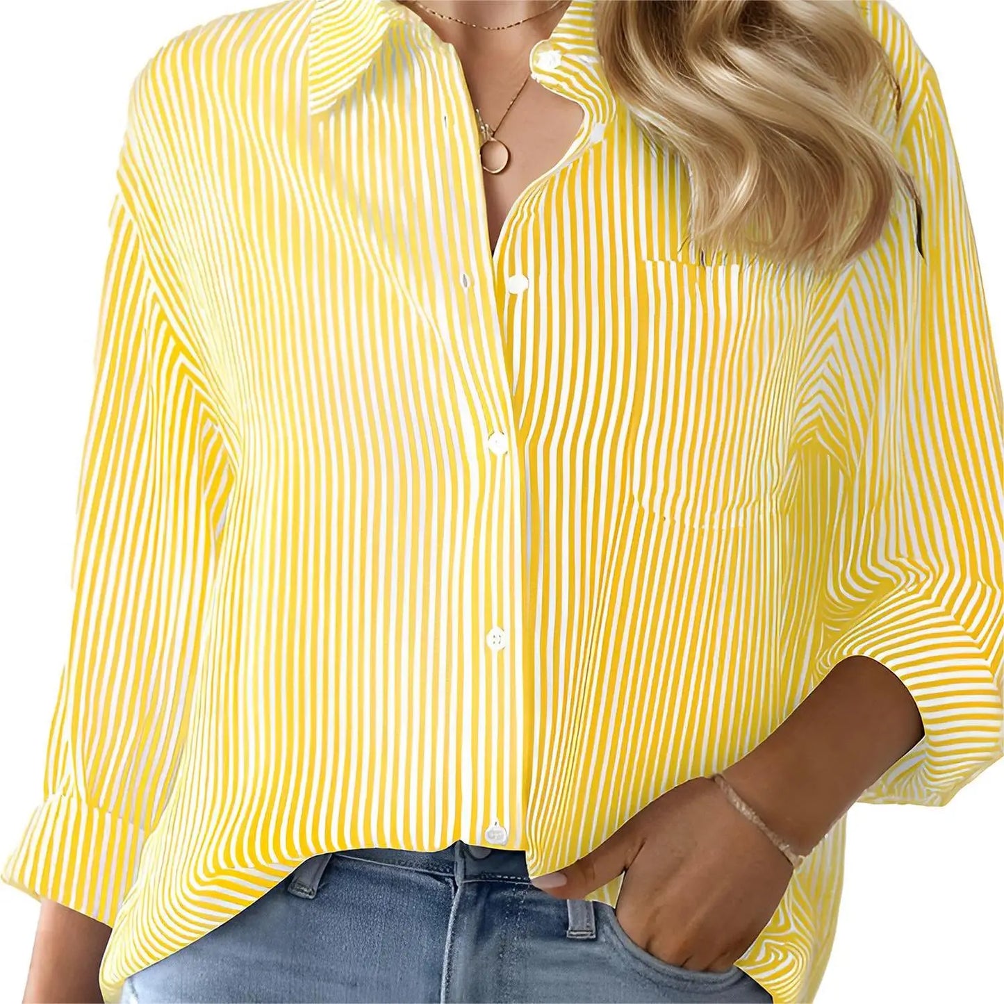 Women's Button-Up Shirt Striped Classic Long Sleeve Collared Office Work Shirt Top