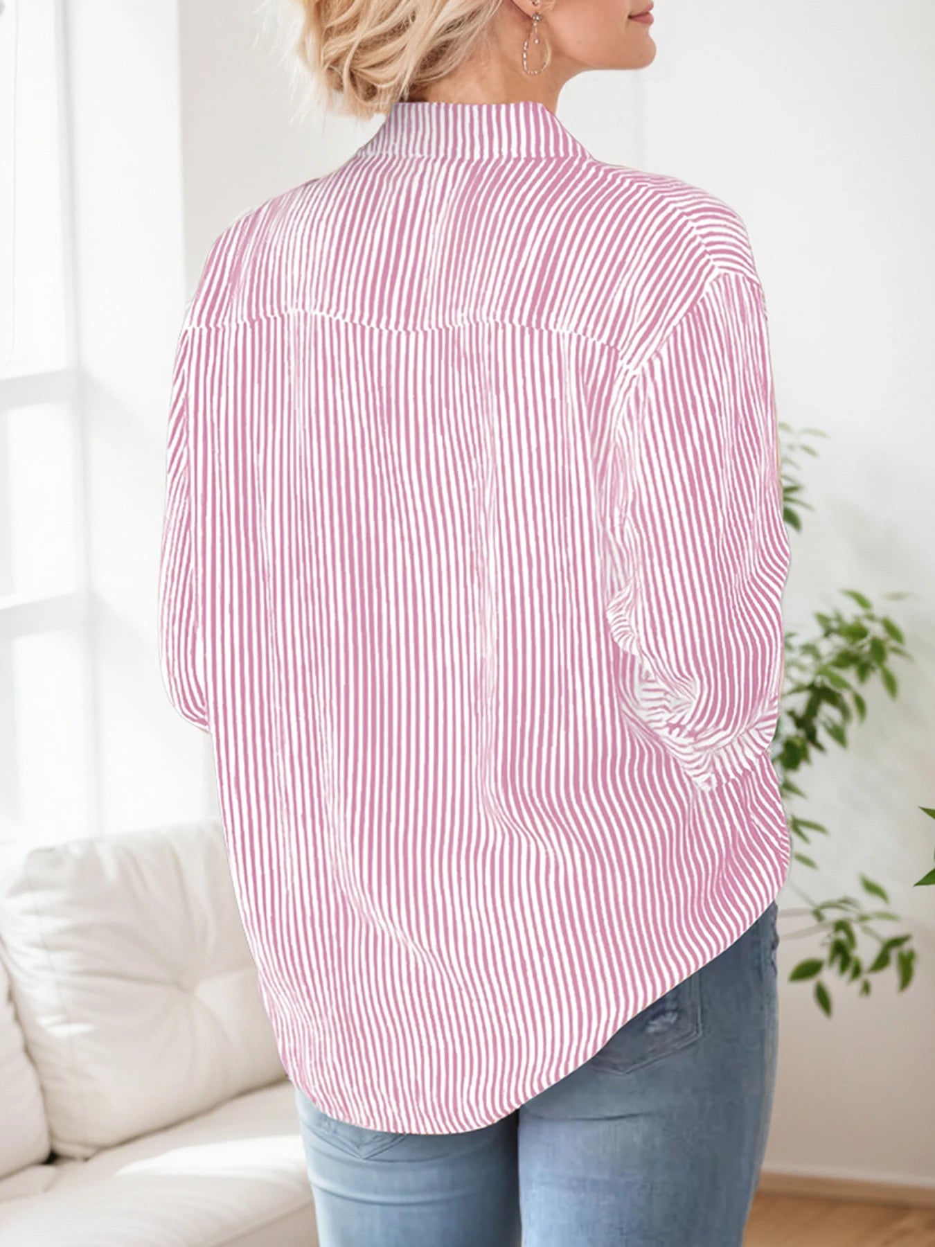 Women's Button-Up Shirt Striped Classic Long Sleeve Collared Office Work Shirt Top