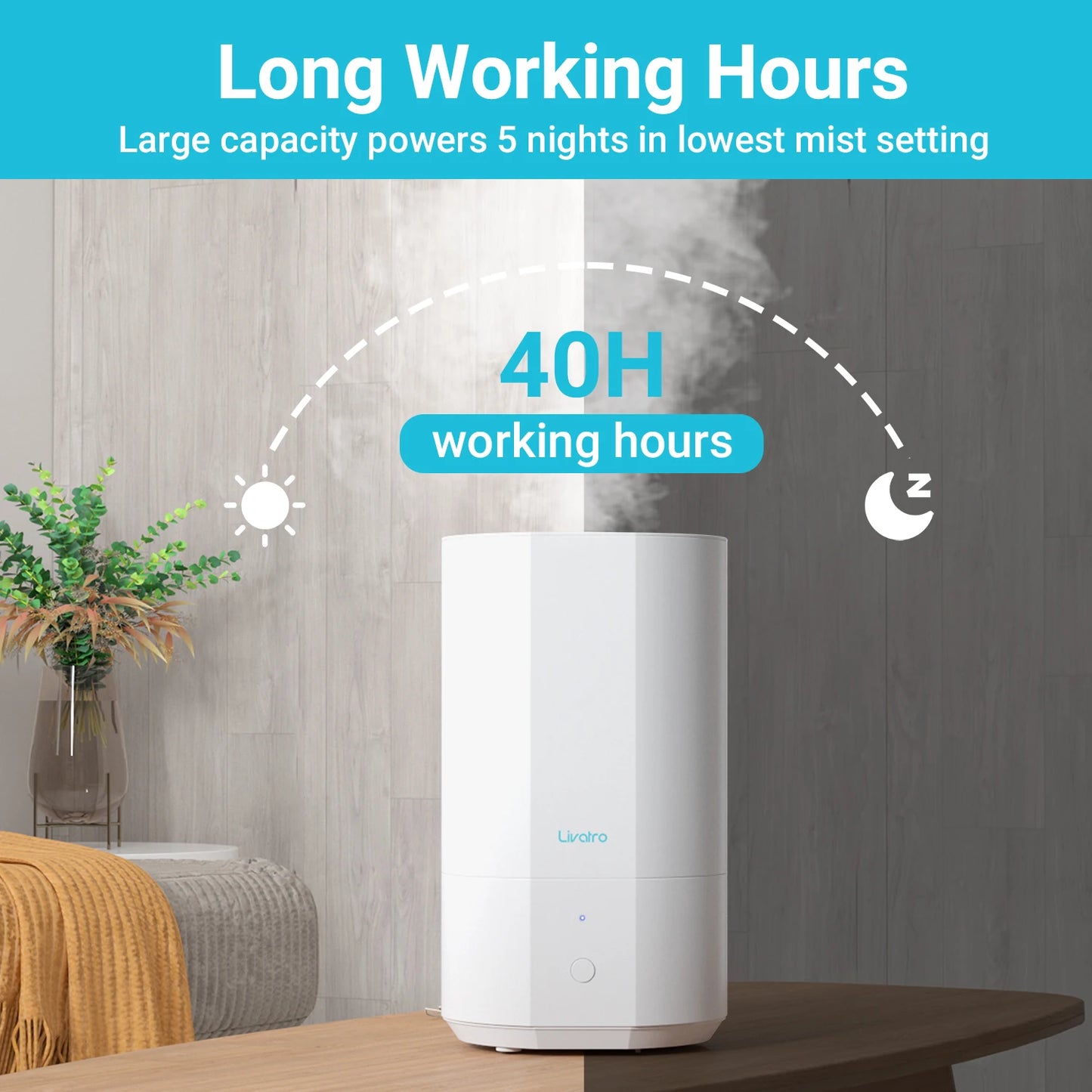 4L Top Fill Humidifier for Bedroom, Cool Mist, 40Hrs Runtime
