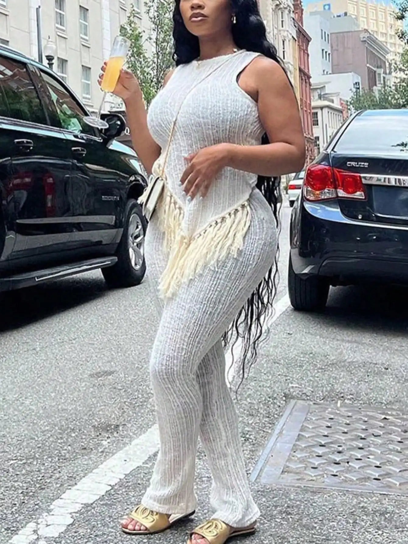 Solid Fringed Suit Short Sleeved Round Neck Top Sexy Trousers Two Piece Women's Party Streetwear Set 2025