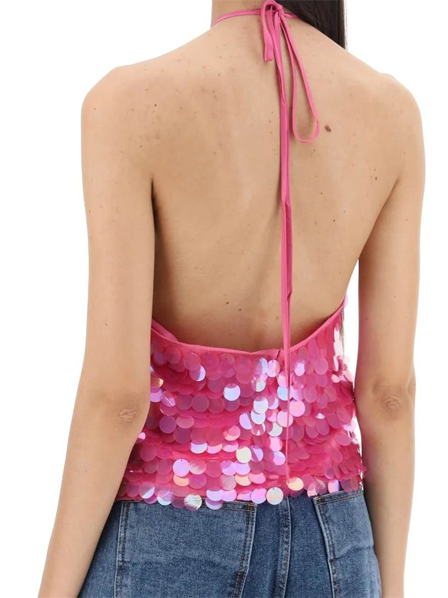 Sequin Embellished Tie-Up Halter Neck Tank Top for Women