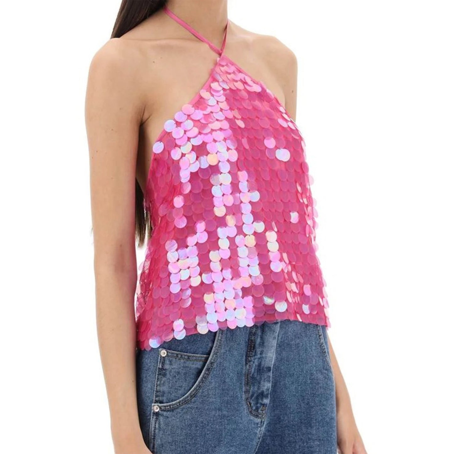Sequin Embellished Tie-Up Halter Neck Tank Top for Women