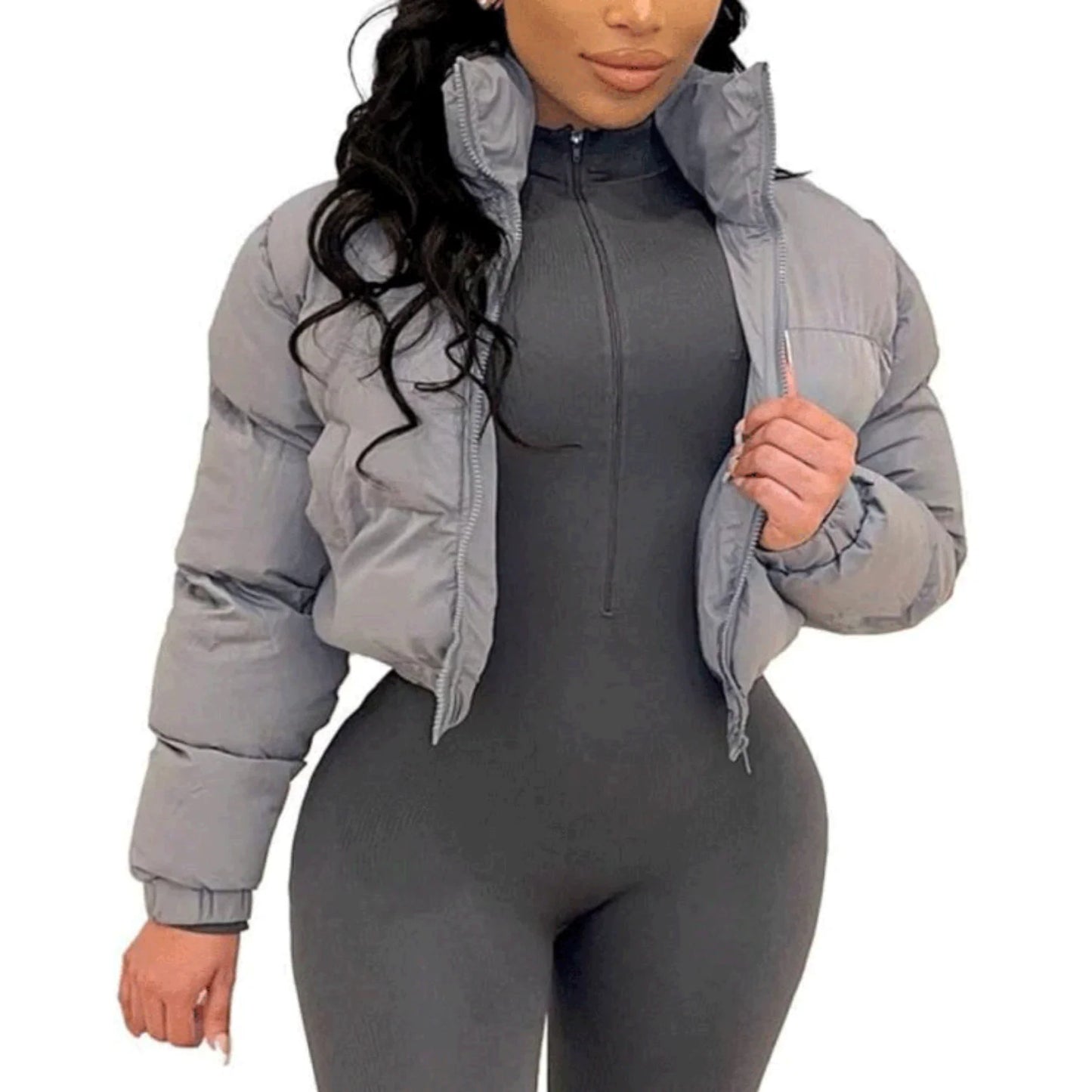 Puffer Jacket Womens Cropped Zip Casual Cotton Coat Winter