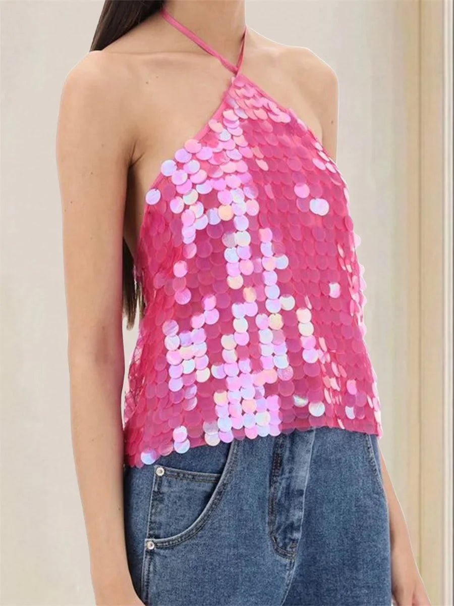 Sequin Embellished Tie-Up Halter Neck Tank Top for Women