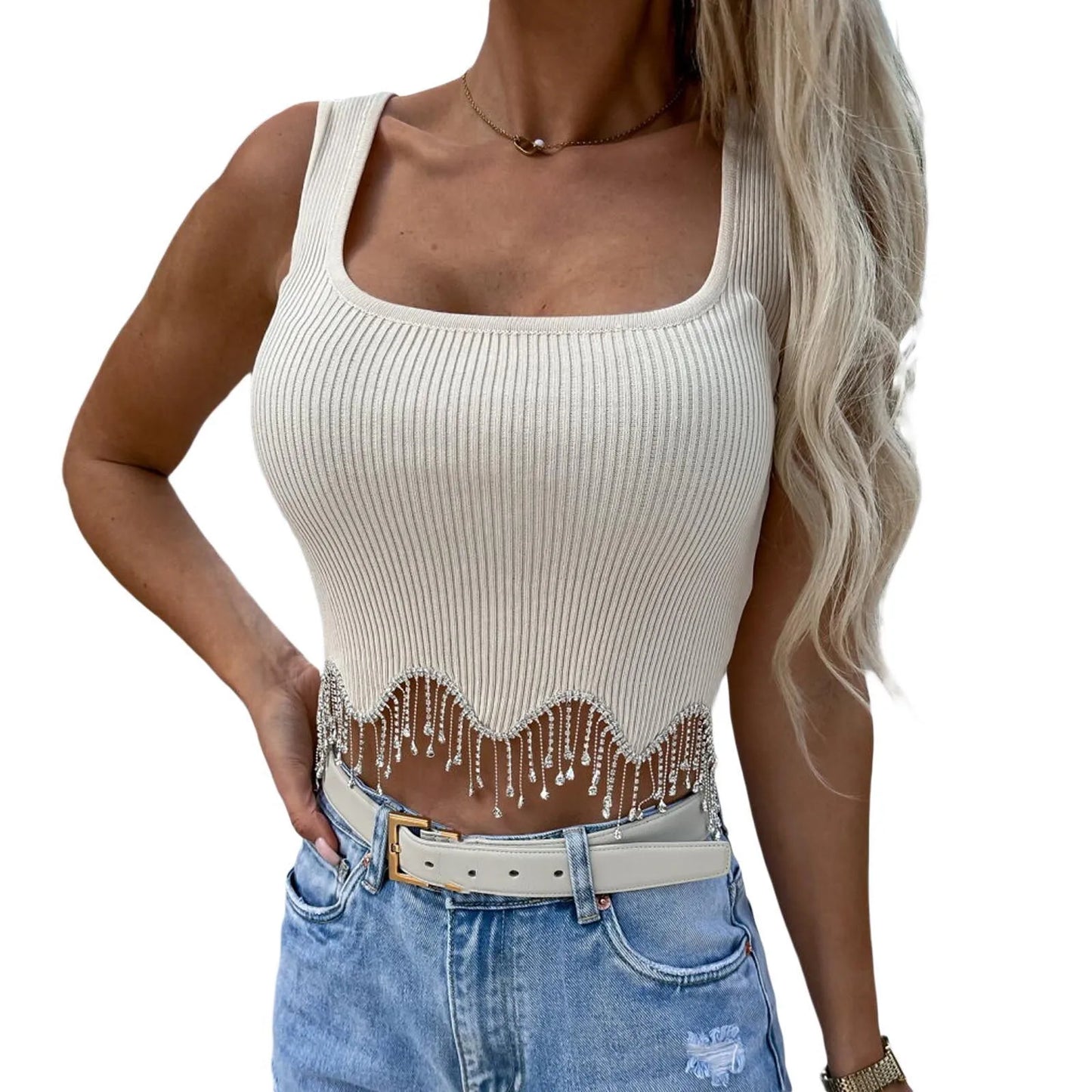 Women Camisole Sleeveless Square Neck Tasseled Rhinestones Fit Summer Tops