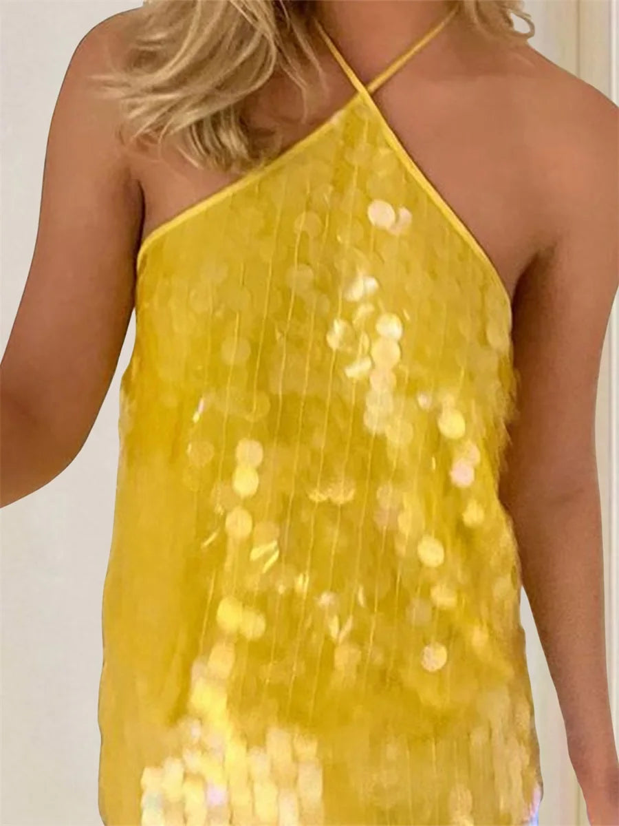 Sequin Embellished Tie-Up Halter Neck Tank Top for Women