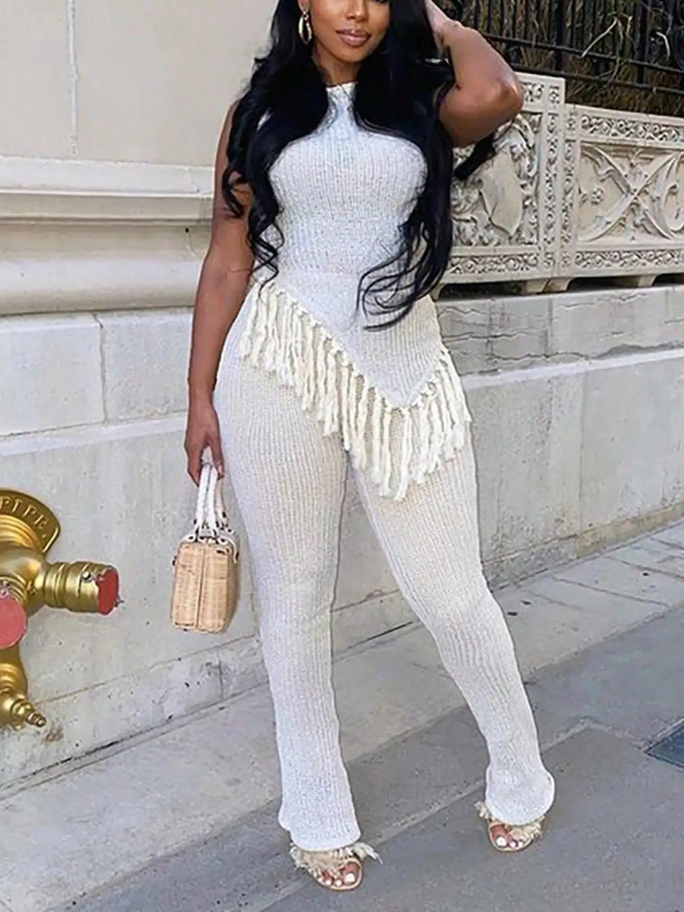 Solid Fringed Suit Short Sleeved Round Neck Top Sexy Trousers Two Piece Women's Party Streetwear Set 2025