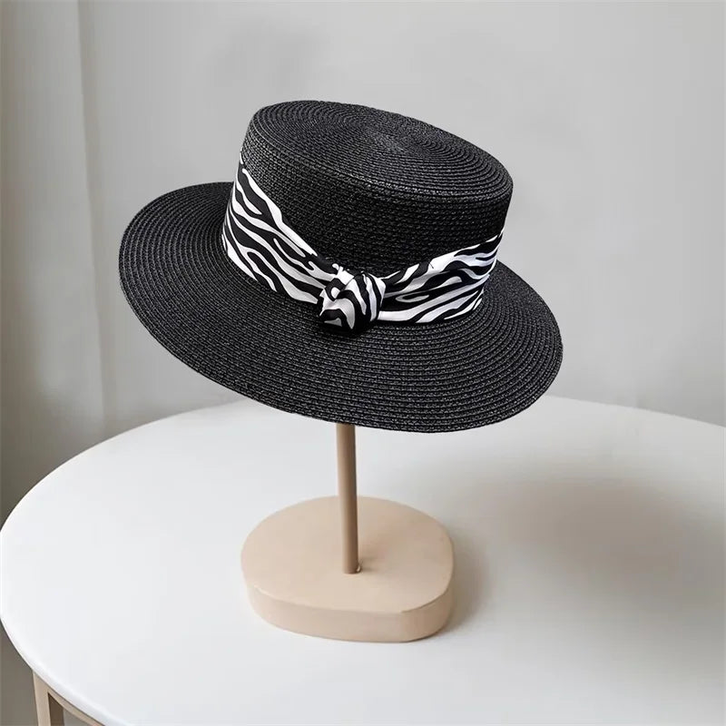 Women S Stylish Wide Brim Straw Hat With Leopard Print Belt