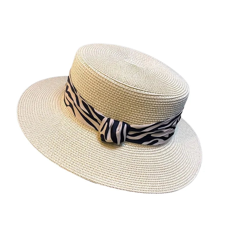 Women S Stylish Wide Brim Straw Hat With Leopard Print Belt