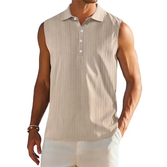 Men's Sleeveless Collared Tank Tops with Textured Stripes