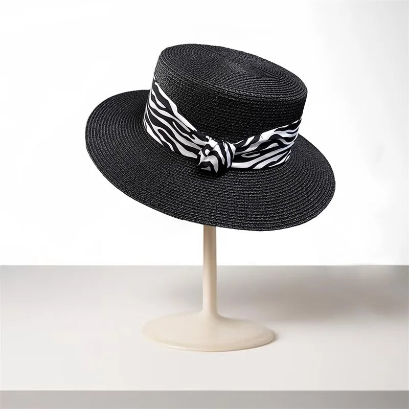 Women S Stylish Wide Brim Straw Hat With Leopard Print Belt
