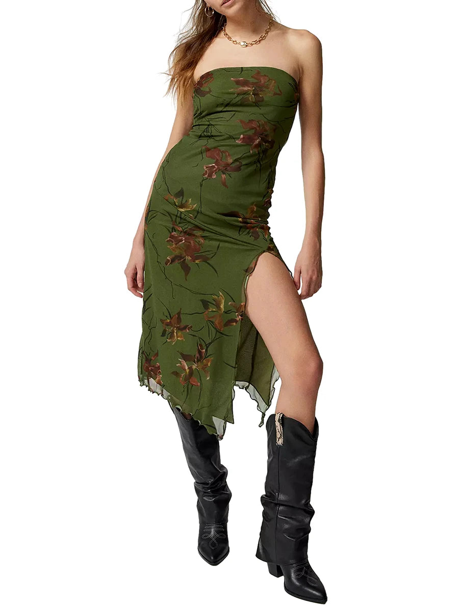 Women Floral Mesh Dress Summer Backless Strapless Split Party