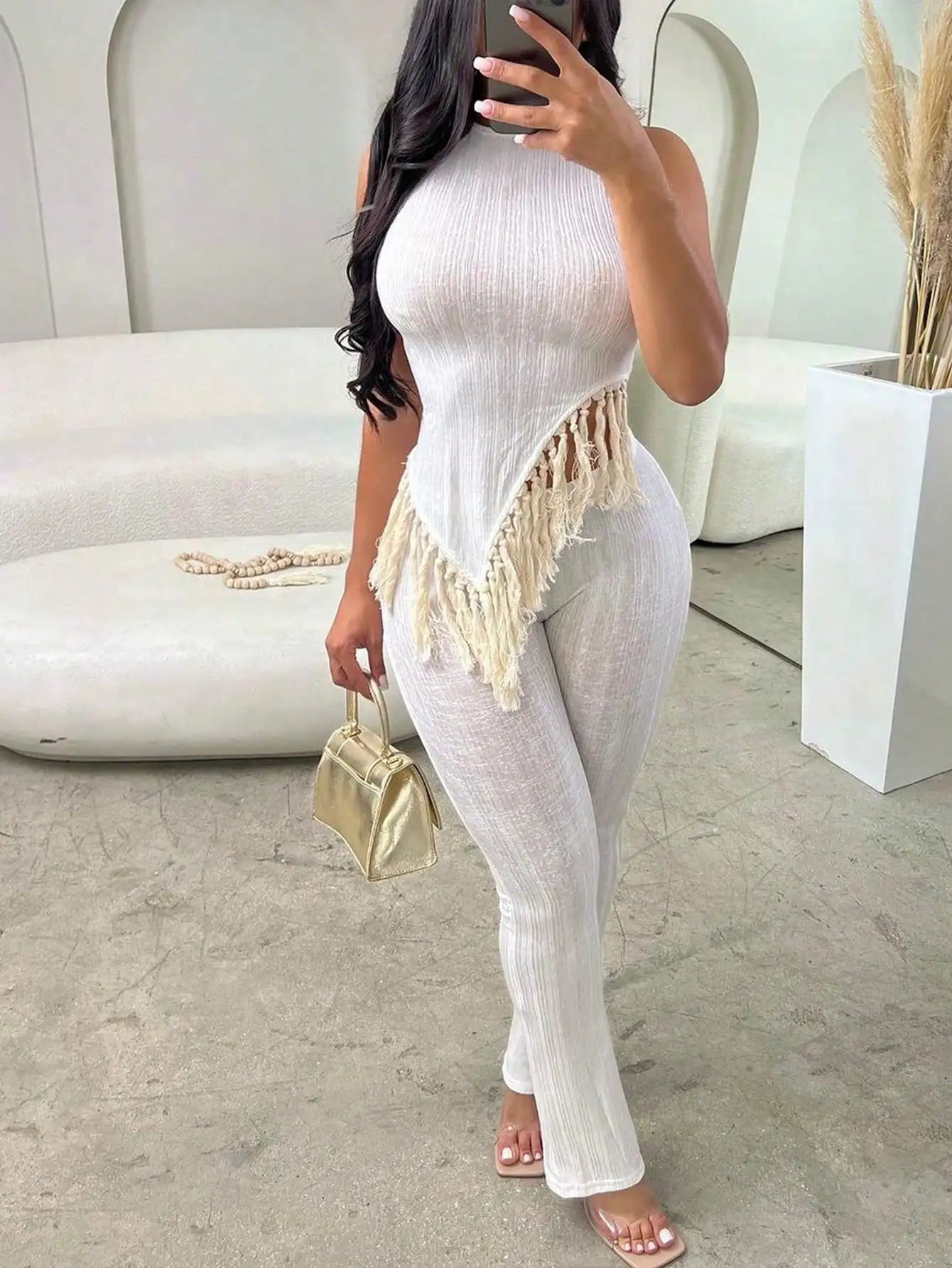 Solid Fringed Suit Short Sleeved Round Neck Top Sexy Trousers Two Piece Women's Party Streetwear Set 2025