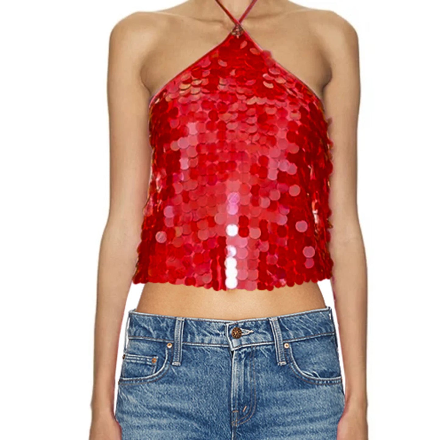 Sequin Embellished Tie-Up Halter Neck Tank Top for Women