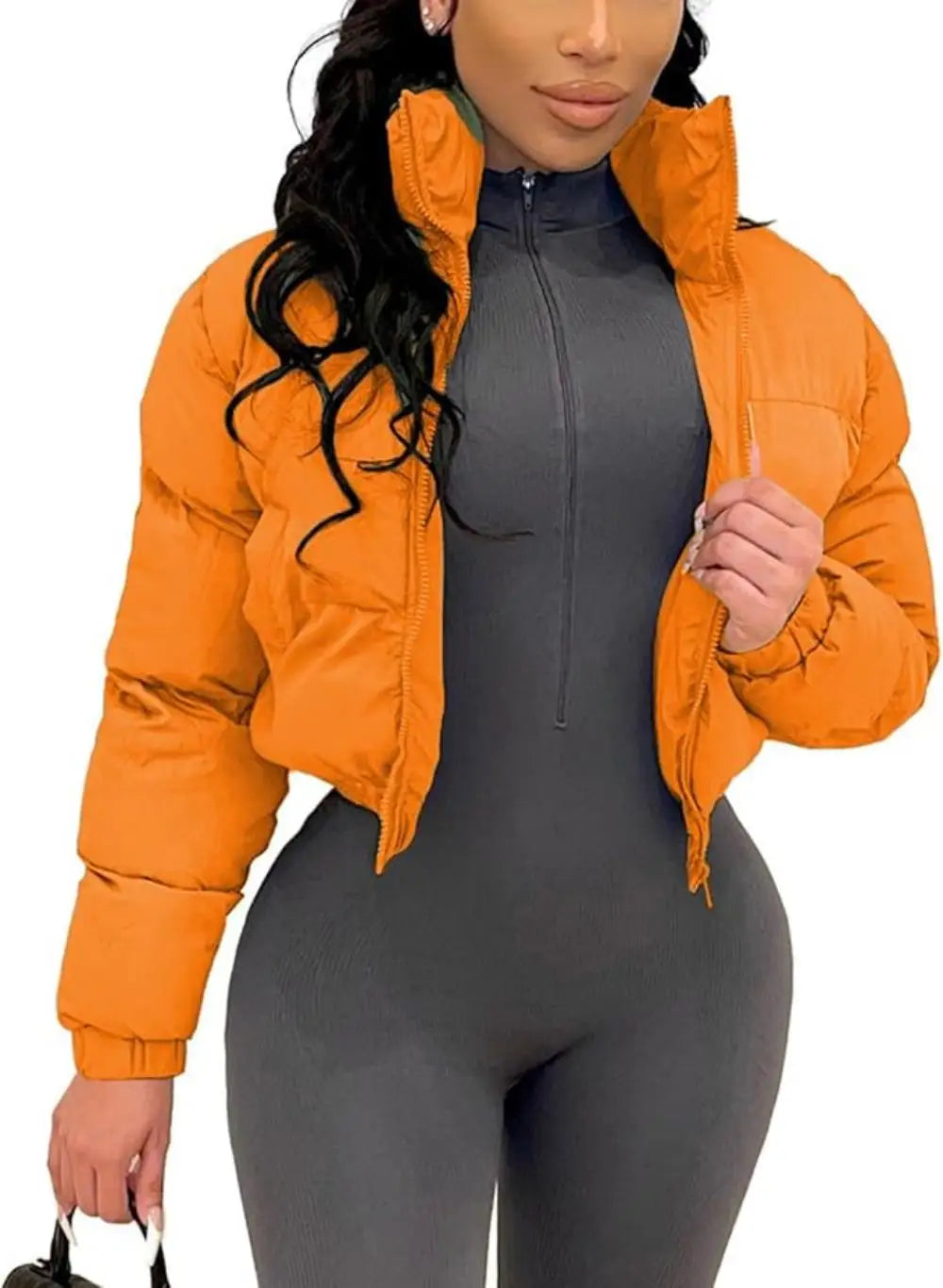 Puffer Jacket Womens Cropped Zip Casual Cotton Coat Winter