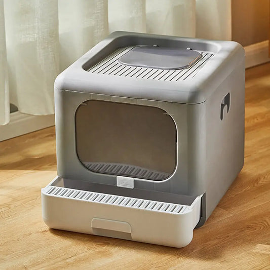 Cat Litter Box with Scoop and Tray, Enclosed Foldable Toilet