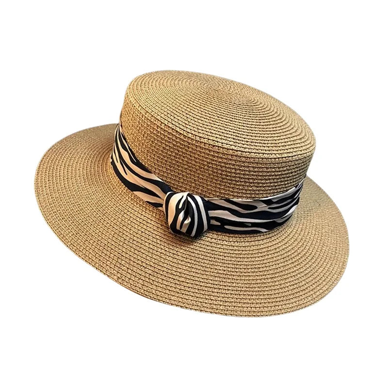 Women S Stylish Wide Brim Straw Hat With Leopard Print Belt