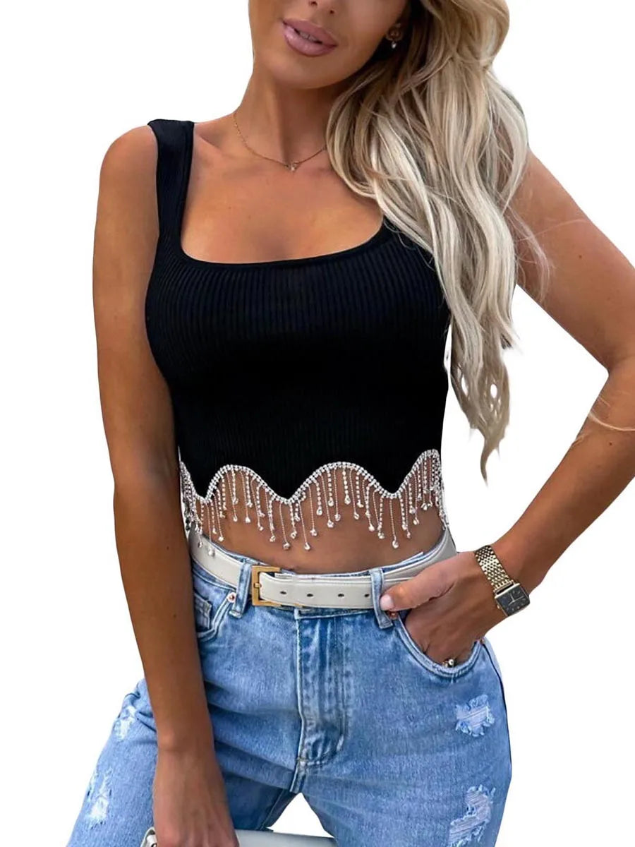 Women Camisole Sleeveless Square Neck Tasseled Rhinestones Fit Summer Tops