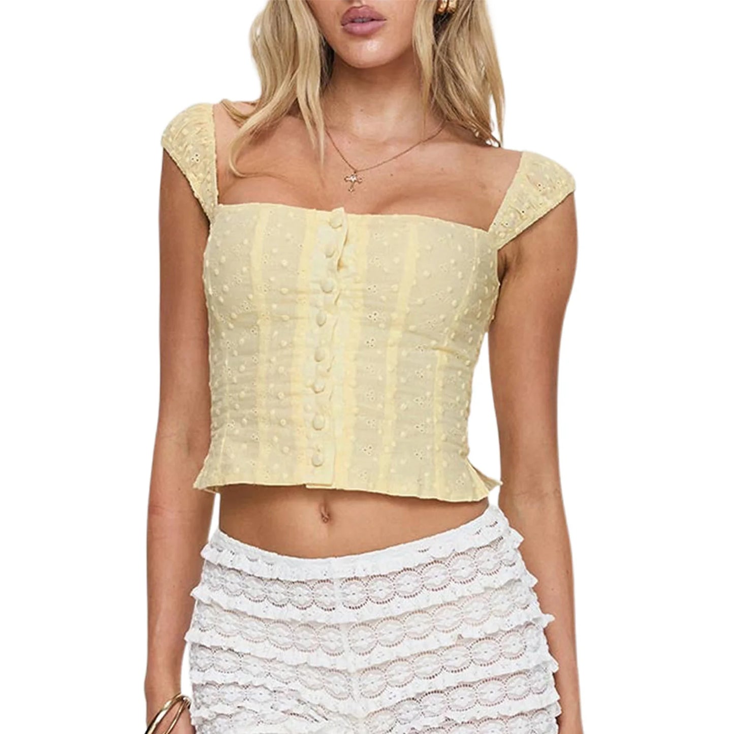 Women’s Floral Lace Sleeveless Blouse Square Neck Ruffle Hem Tank Top
