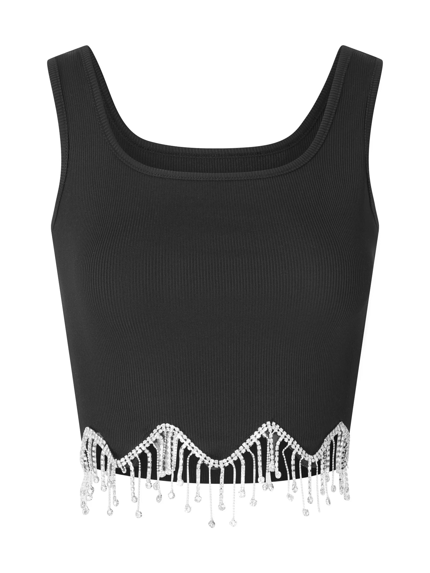 Women Camisole Sleeveless Square Neck Tasseled Rhinestones Fit Summer Tops