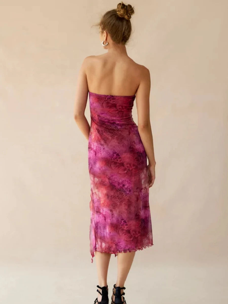 Women Floral Mesh Dress Summer Backless Strapless Split Party
