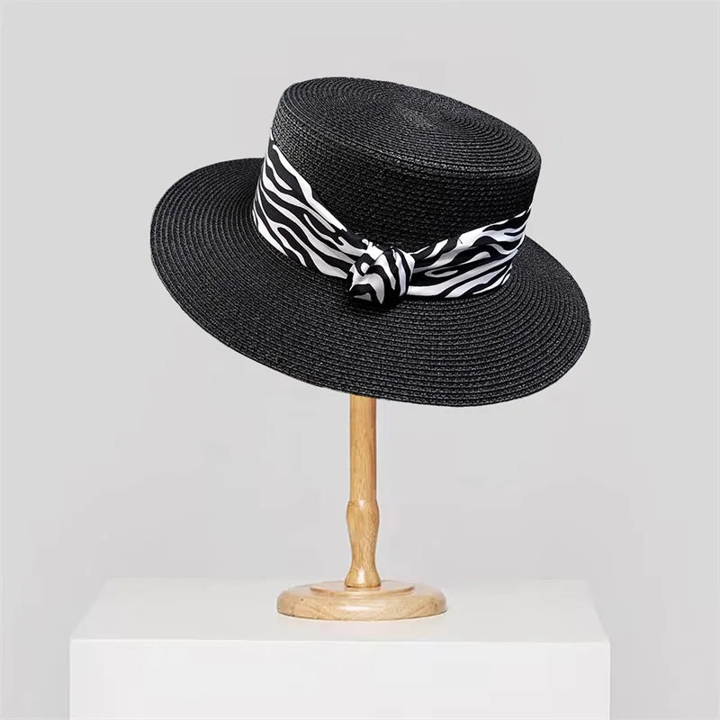 Women S Stylish Wide Brim Straw Hat With Leopard Print Belt