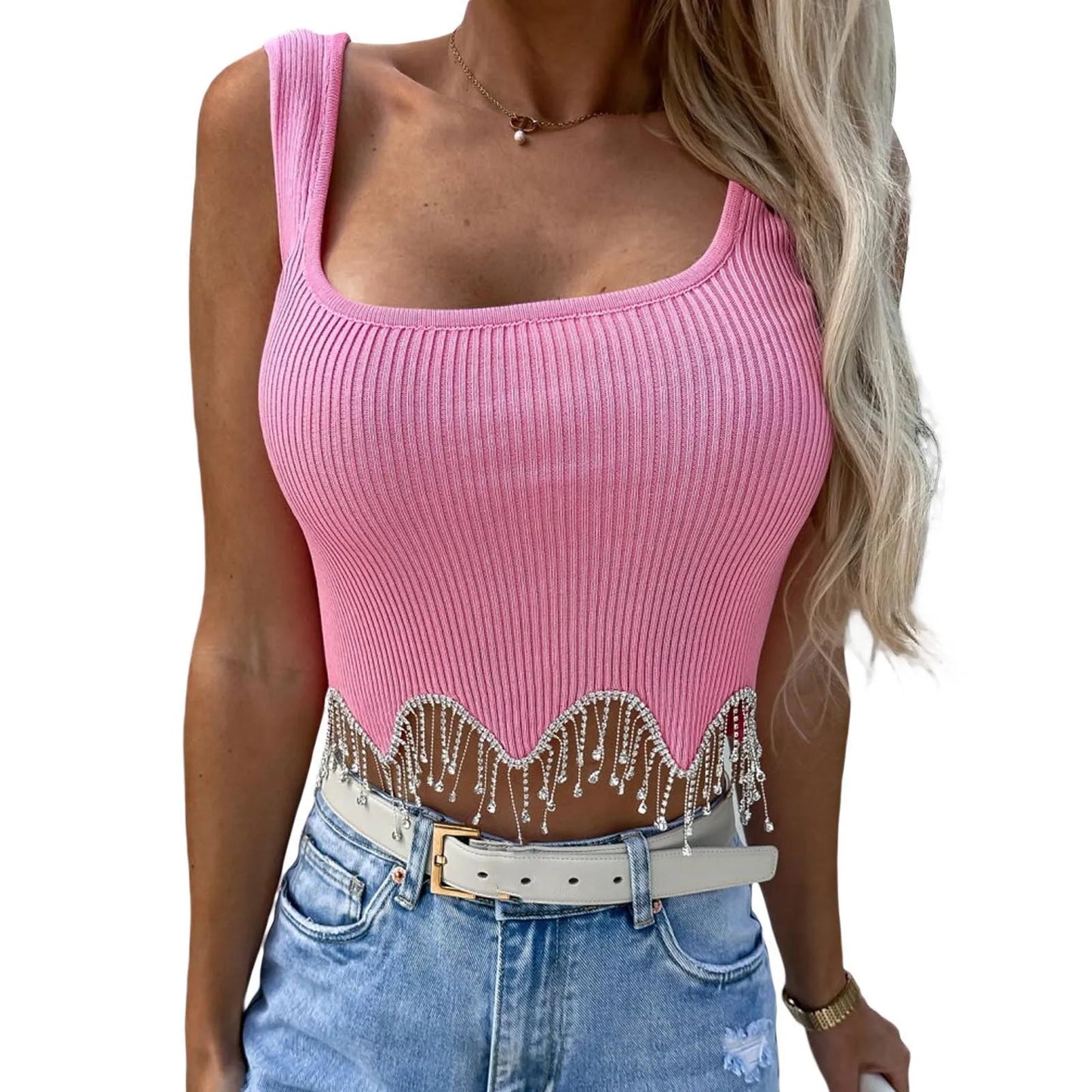 Women Camisole Sleeveless Square Neck Tasseled Rhinestones Fit Summer Tops