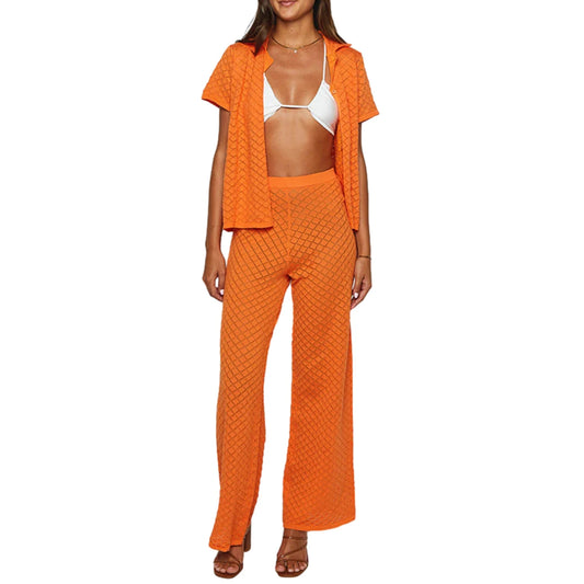 Women S 2 Piece Knit Set Lapel Neck Short Sleeve Button Down Tops Elastic Waist Wide Leg Pants Summer Outfits