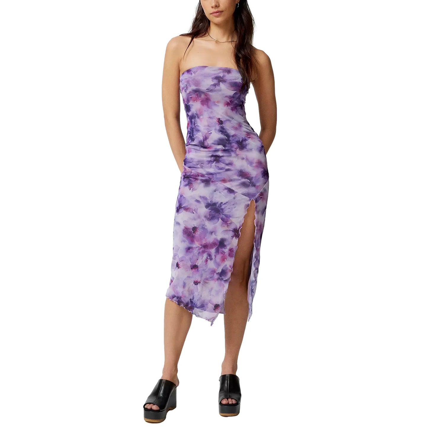 Women Floral Mesh Dress Summer Backless Strapless Split Party