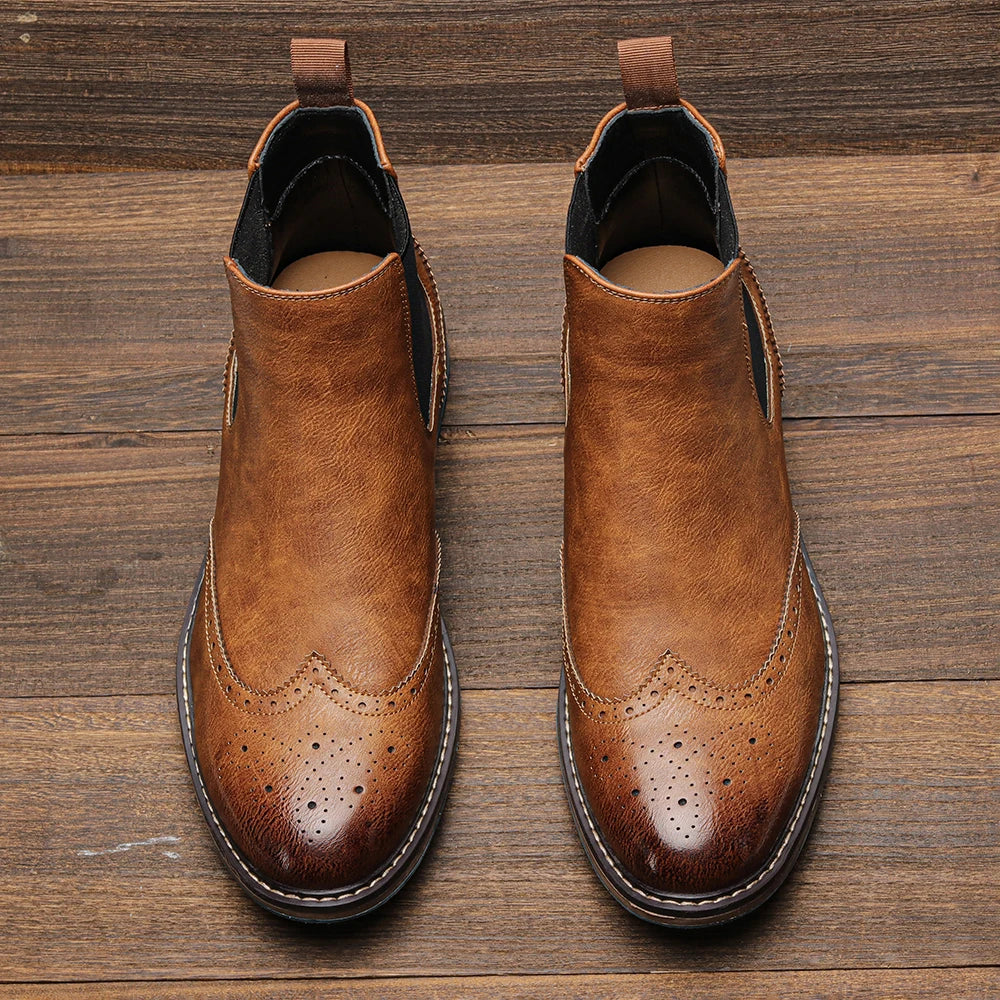 Brogue Chelsea Men Boots 2025 American Style Leather Fashion