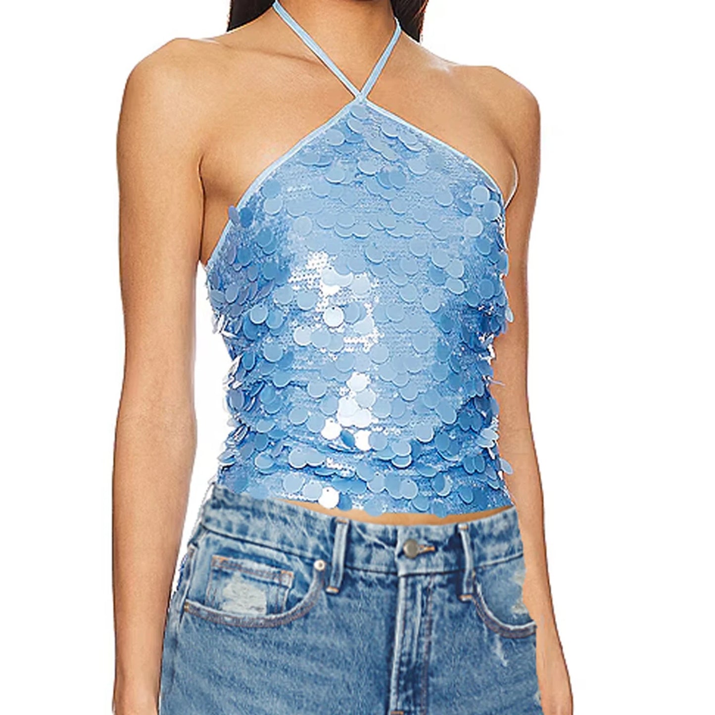 Sequin Embellished Tie-Up Halter Neck Tank Top for Women
