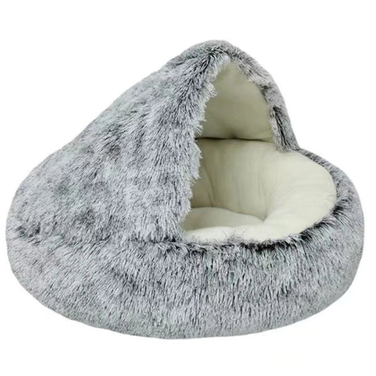 Round Fluffy Calming Dog Bed with Hooded Cover Warm Soft Plush Cozy Cat Cave Bed for Small Dogs and Cats
