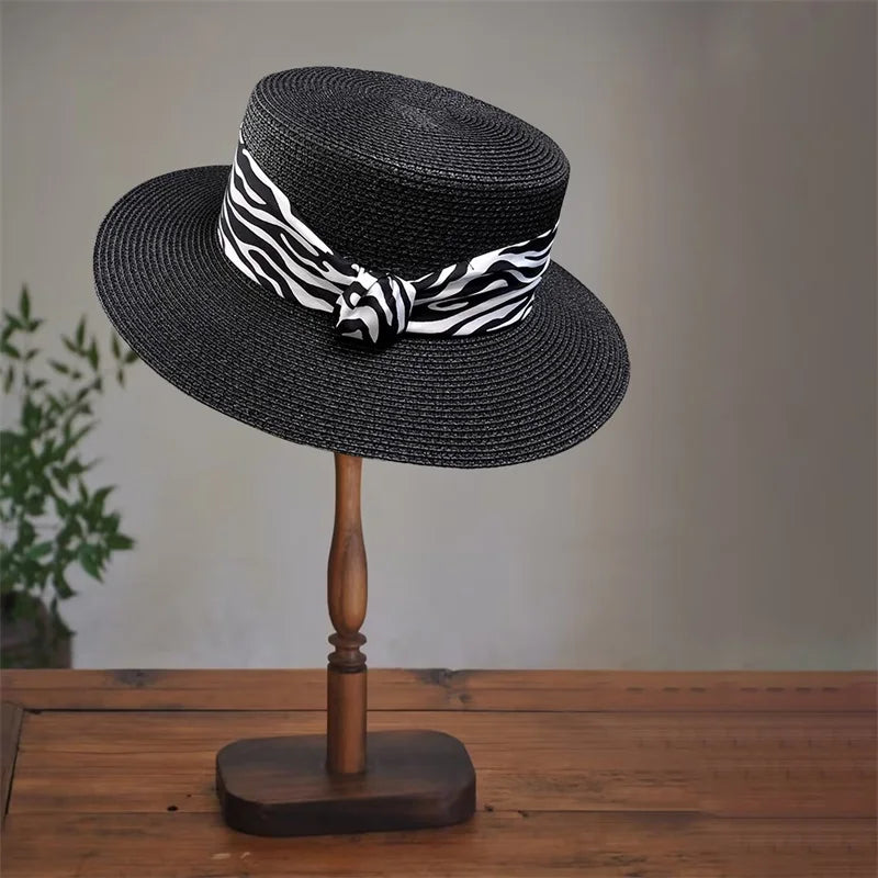 Women S Stylish Wide Brim Straw Hat With Leopard Print Belt