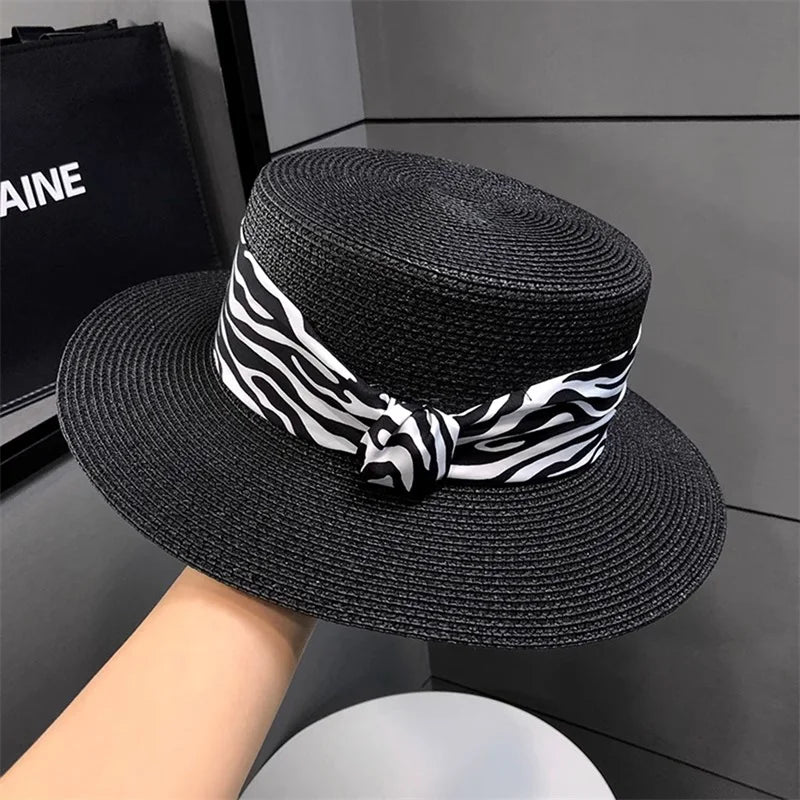 Women S Stylish Wide Brim Straw Hat With Leopard Print Belt