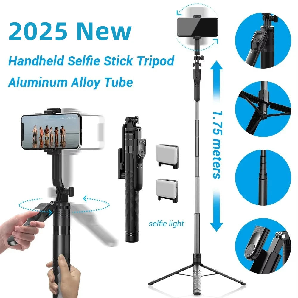 2025 New 1750mm Wireless Selfie Stick Tripod Stand Foldable Monopod With LED Light For Smartphones