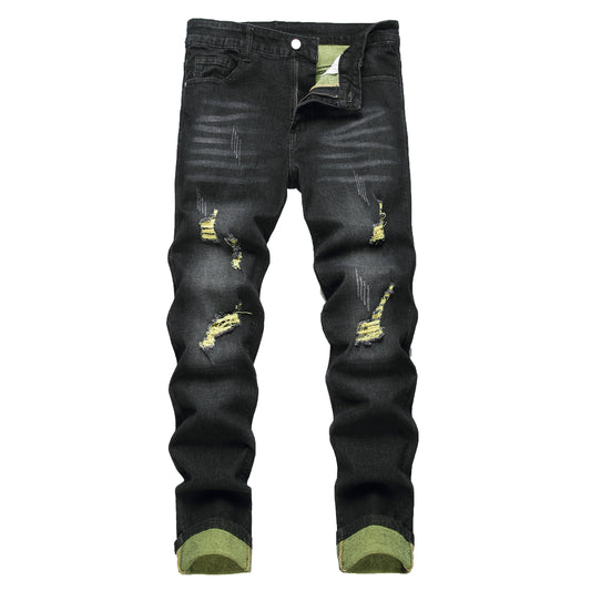 Men's Black Jeans Elastic Black Cattle Destroyed Jeans 515-1