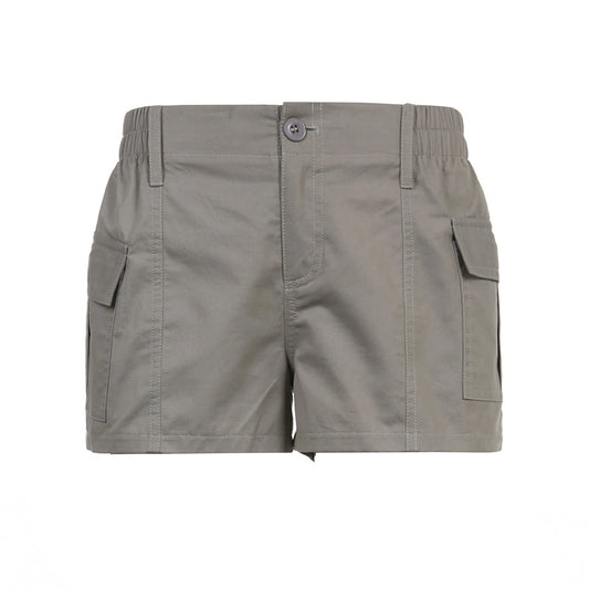 Women Cargo Shorts Solid Color Vintage Elastic Casual Summer