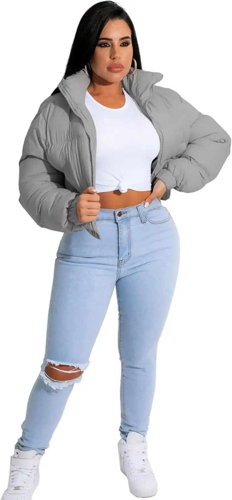 Puffer Jacket Womens Cropped Zip Casual Cotton Coat Winter