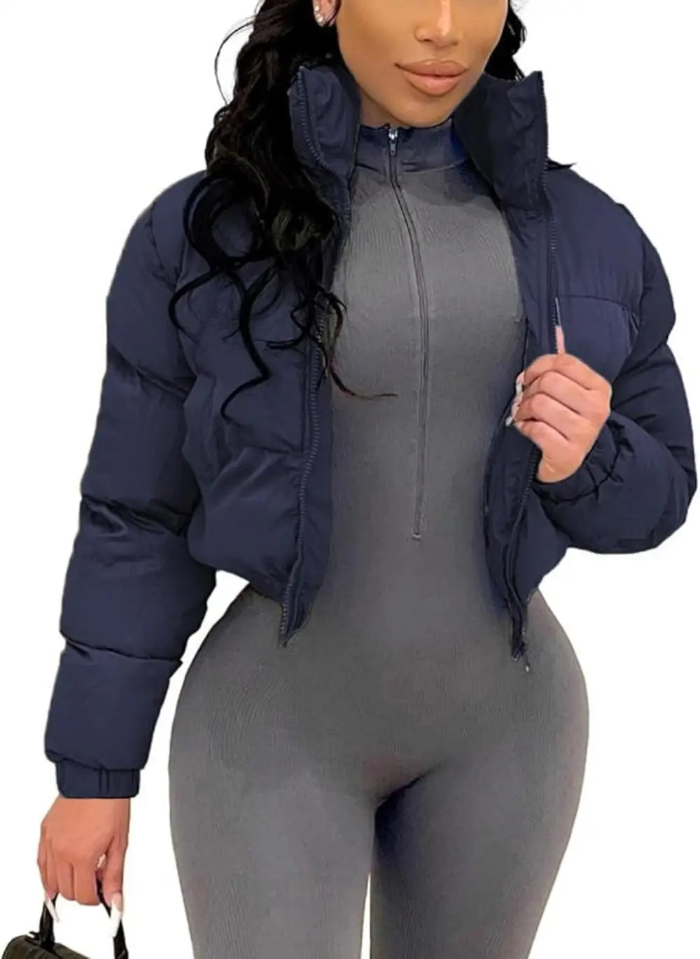 Puffer Jacket Womens Cropped Zip Casual Cotton Coat Winter