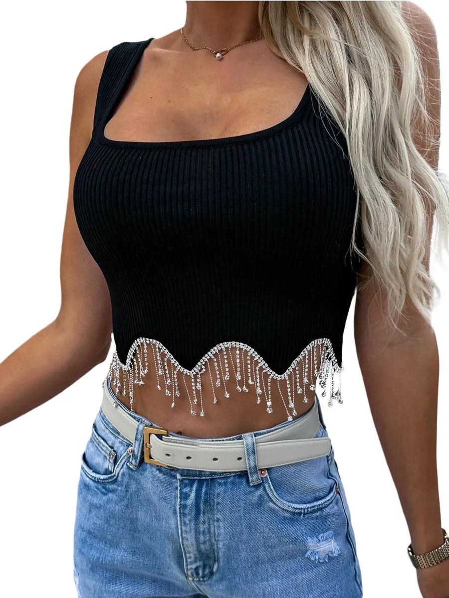 Women Camisole Sleeveless Square Neck Tasseled Rhinestones Fit Summer Tops