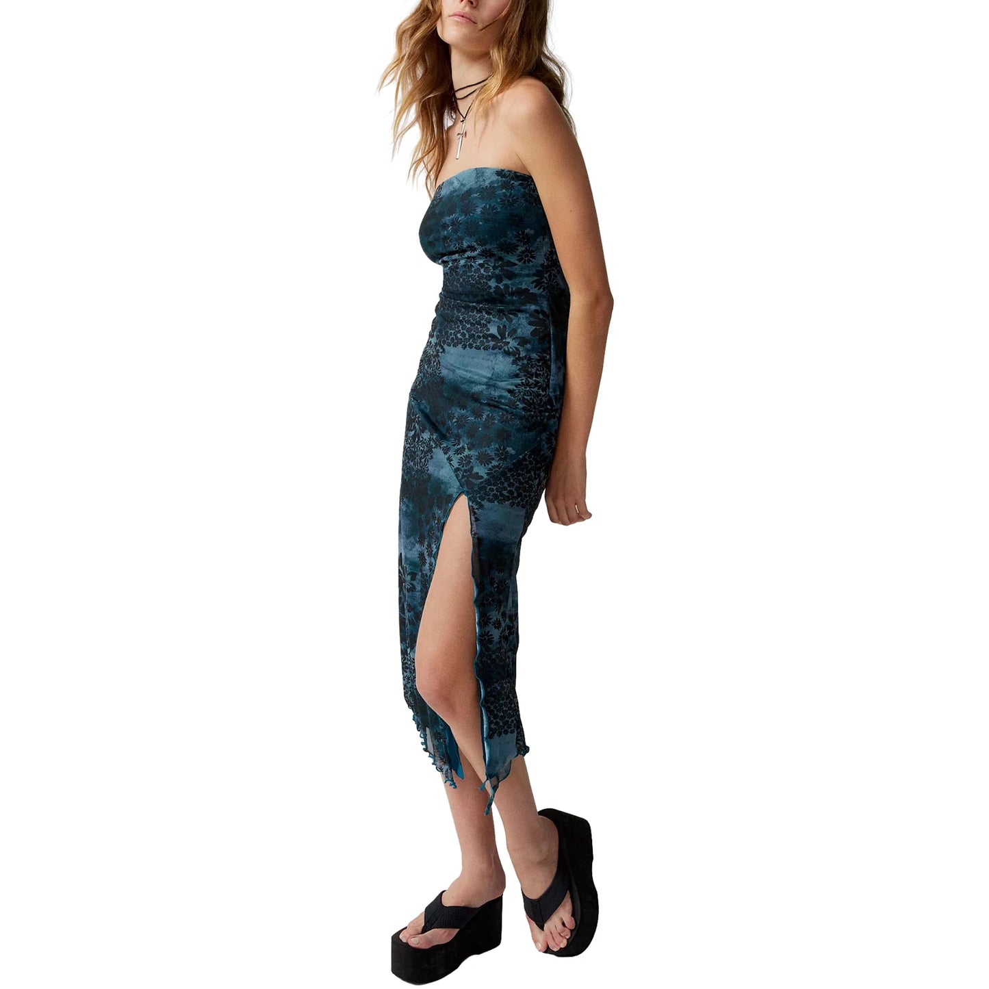 Women Floral Mesh Dress Summer Backless Strapless Split Party