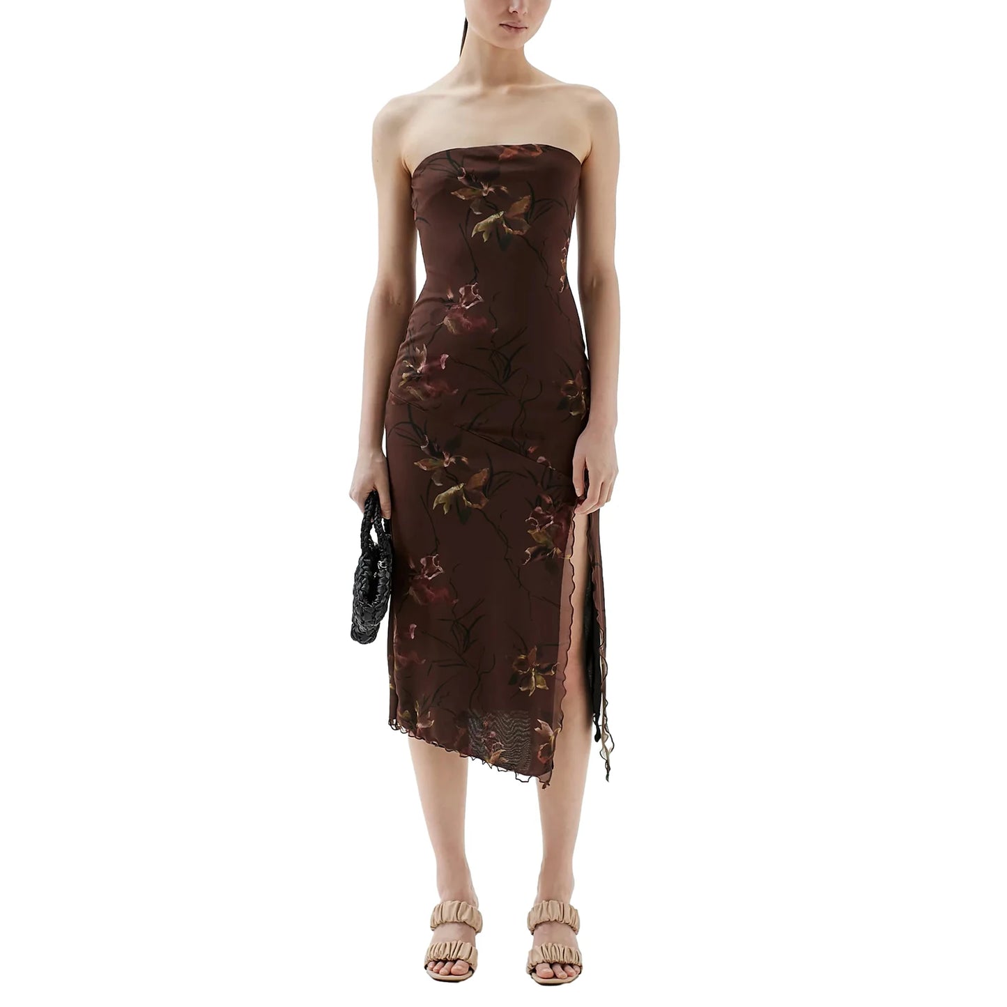 Women Floral Mesh Dress Summer Backless Strapless Split Party