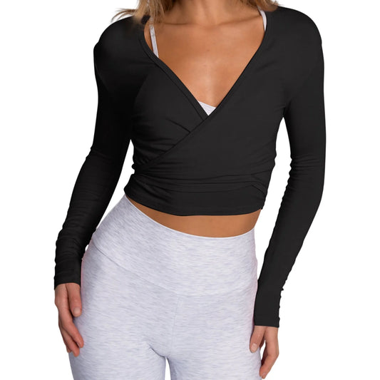 Women s Ballet Wrap Tops Solid Stylish V Neck Long Sleeve T-Shirt