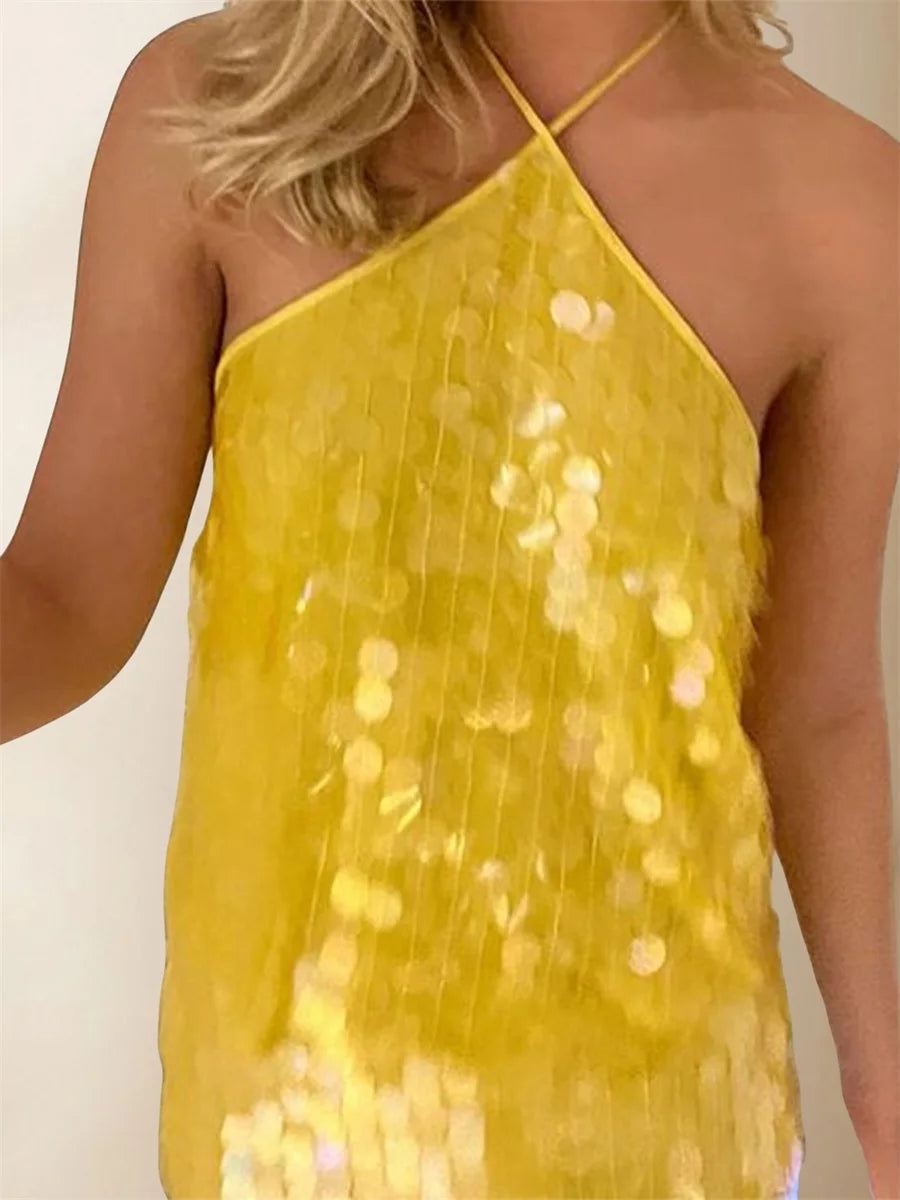 Sequin Embellished Tie-Up Halter Neck Tank Top for Women