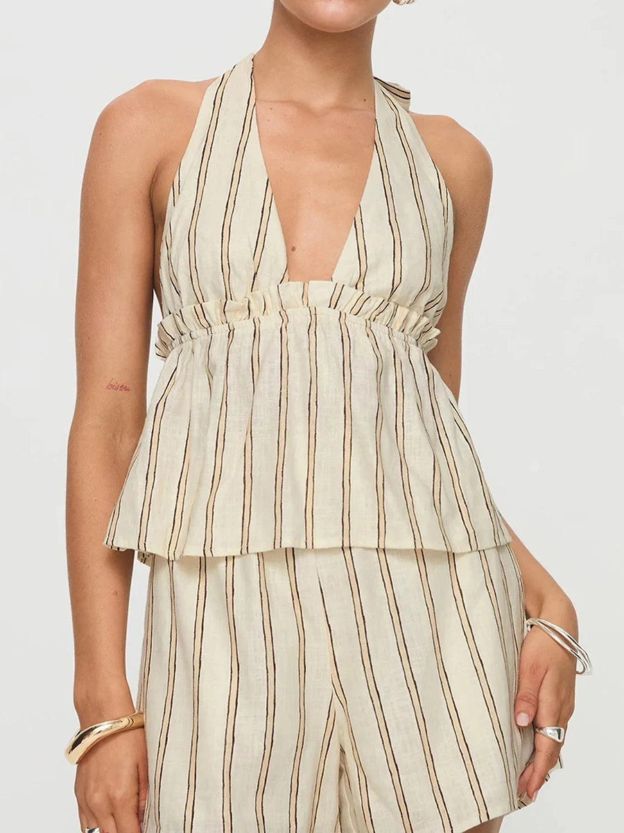 Women Pajamas Set 2 Pieces Loungewear Suits Stripe Halter Neck