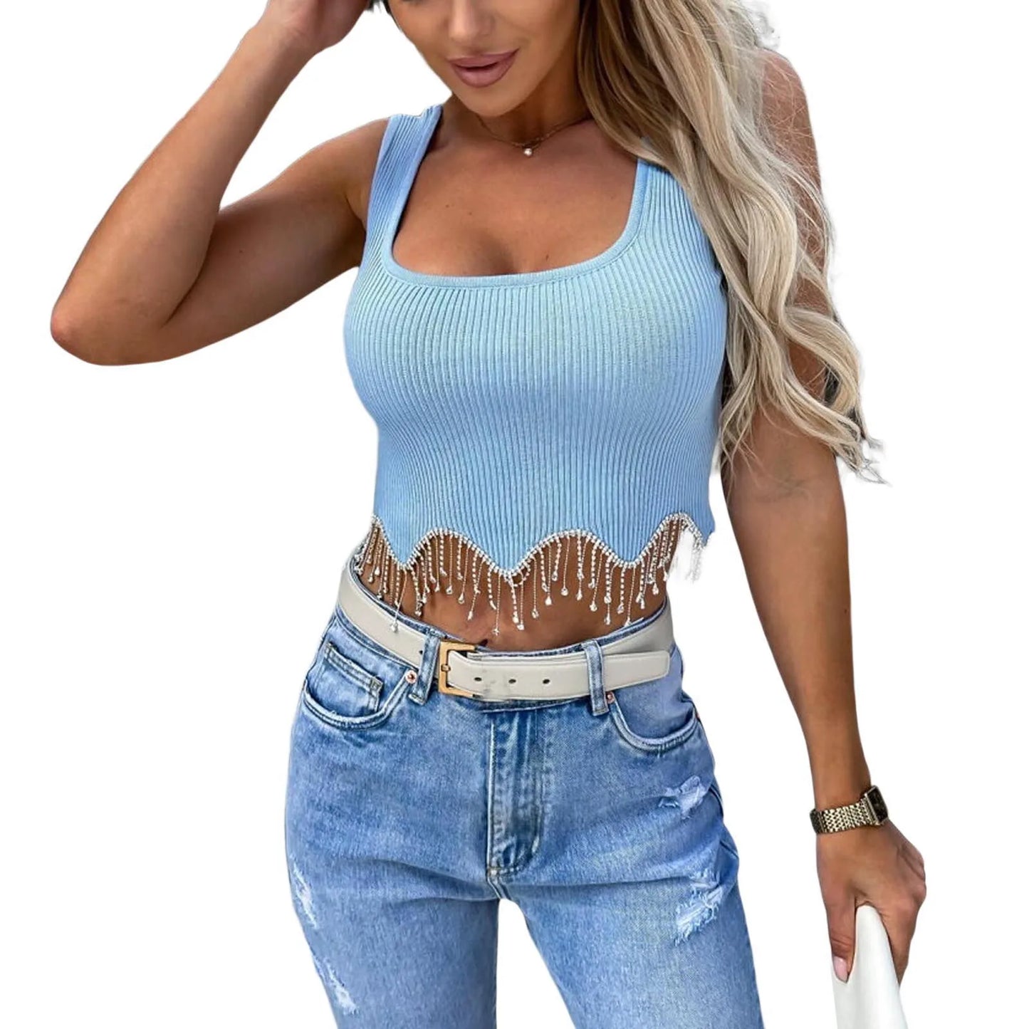 Women Camisole Sleeveless Square Neck Tasseled Rhinestones Fit Summer Tops