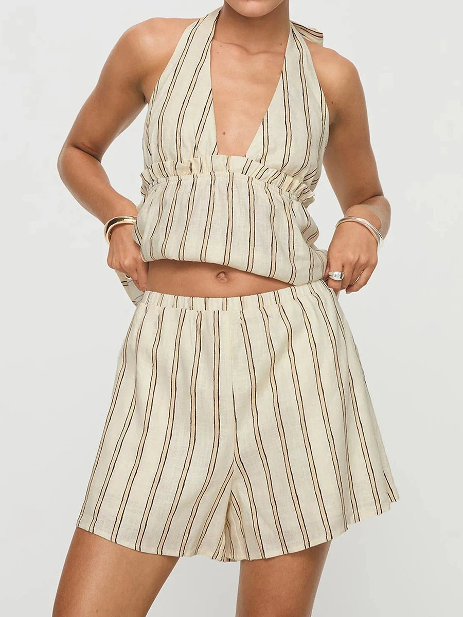 Women Pajamas Set 2 Pieces Loungewear Suits Stripe Halter Neck