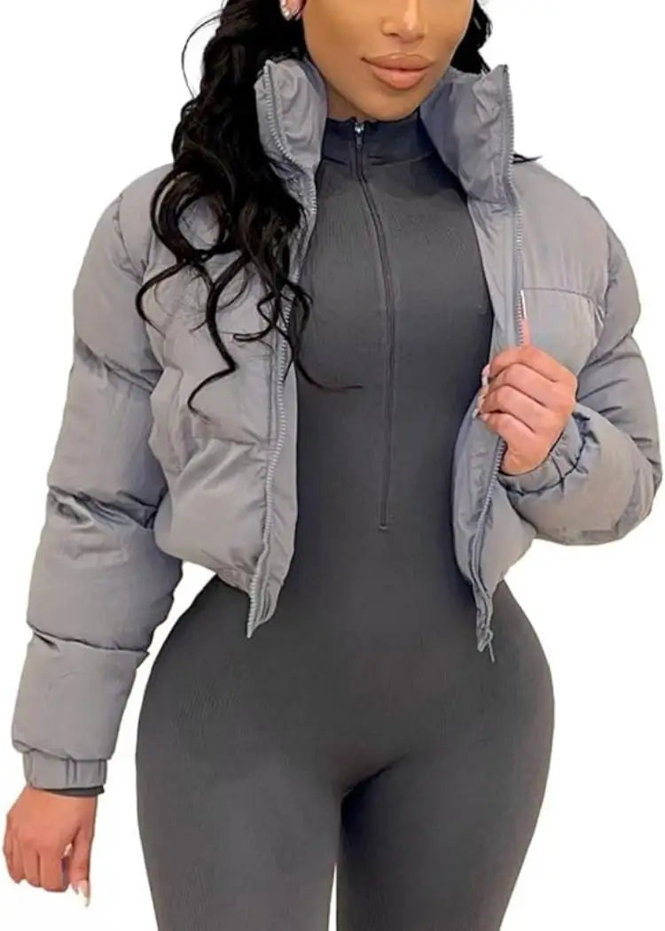 Puffer Jacket Womens Cropped Zip Casual Cotton Coat Winter