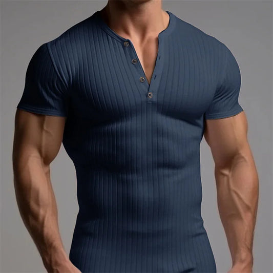 Men's Solid Color Ribbed Muscle Henley Shirt for Fitness