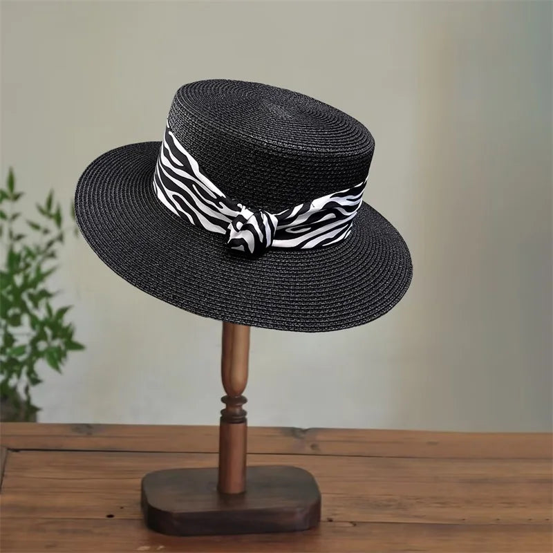 Women S Stylish Wide Brim Straw Hat With Leopard Print Belt